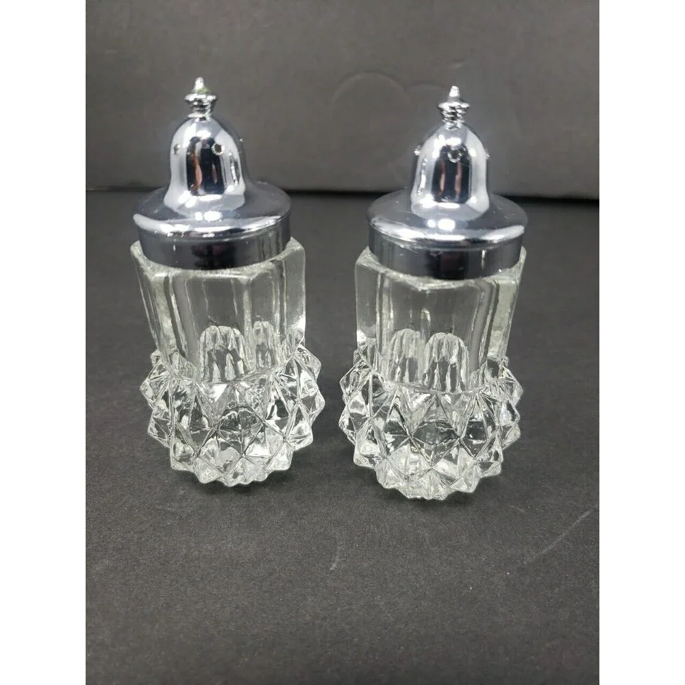 Vintage Salt & Pepper Shakers c1960s Heavy Glass Made in Hong Kong Diamond Cut